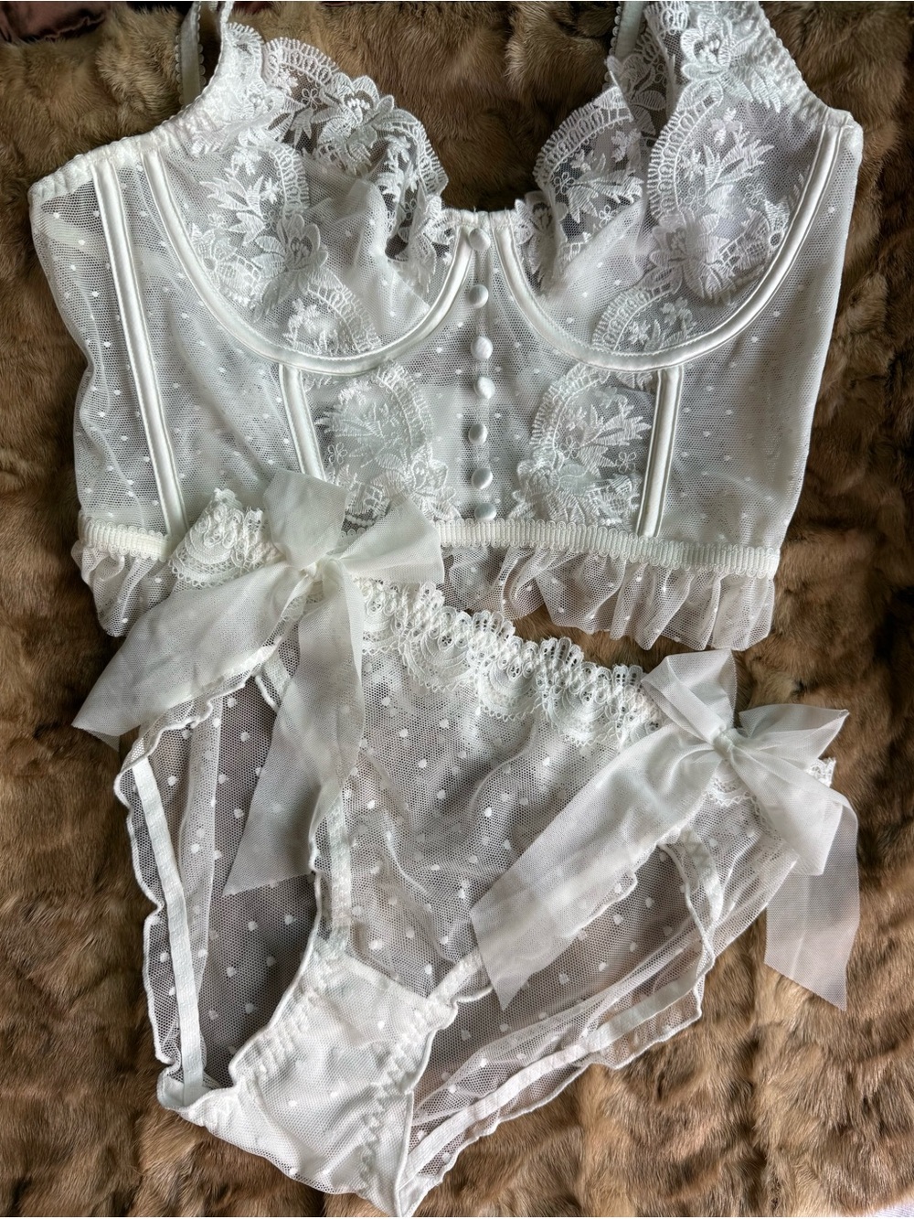 NWT “Cecil” White Romantic Lingerie Set. Lace Bustier Bra and Sheer Bow Panties